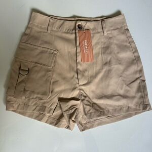High Waisted Side Flap Pocket Khaki Shorts